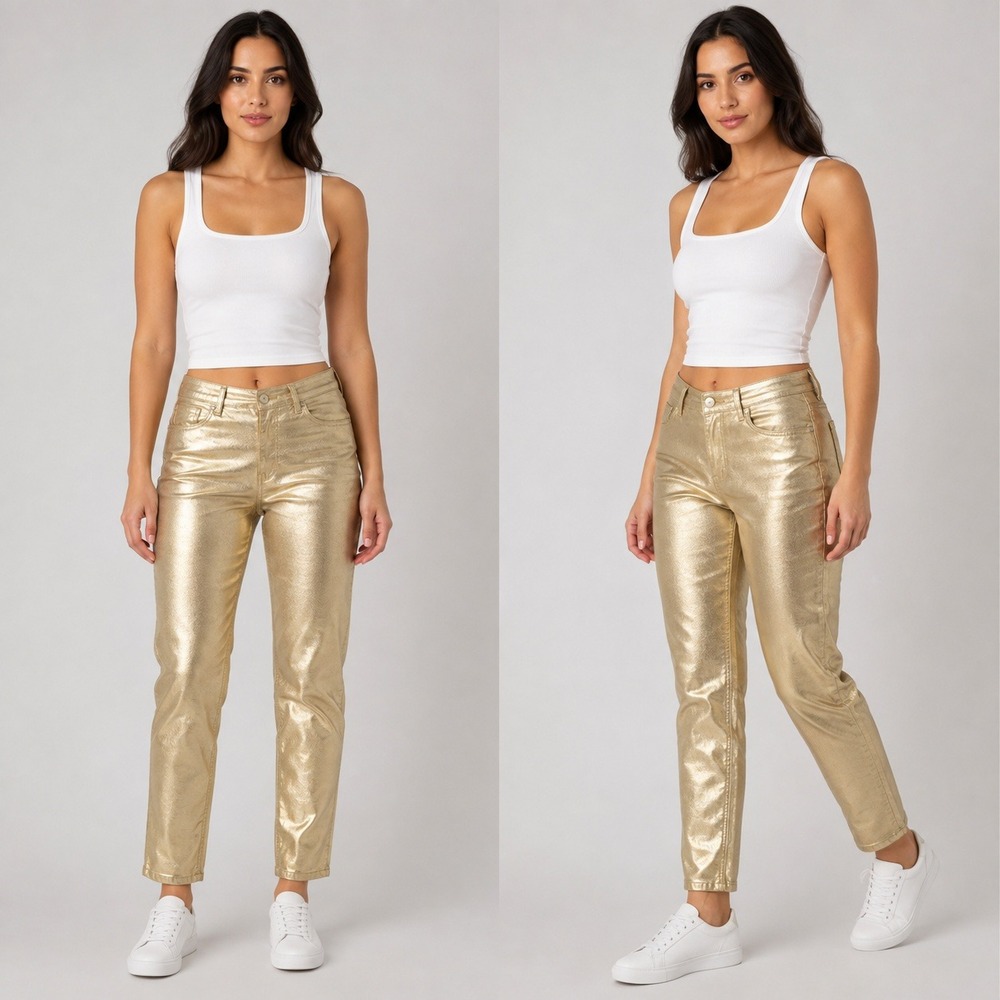 Ashley Stewart Womens Plus Size 24 Metallic Gold Skinny Jeans High‎ Shine Pants